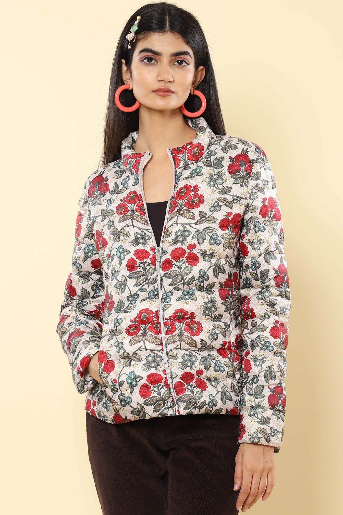 label ritu kumar Off White Floral Print Puffer Jacket western indian designer wear online shopping melange singapore
