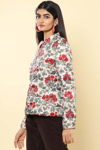 label ritu kumar Off White Floral Print Puffer Jacket western indian designer wear online shopping melange singapore