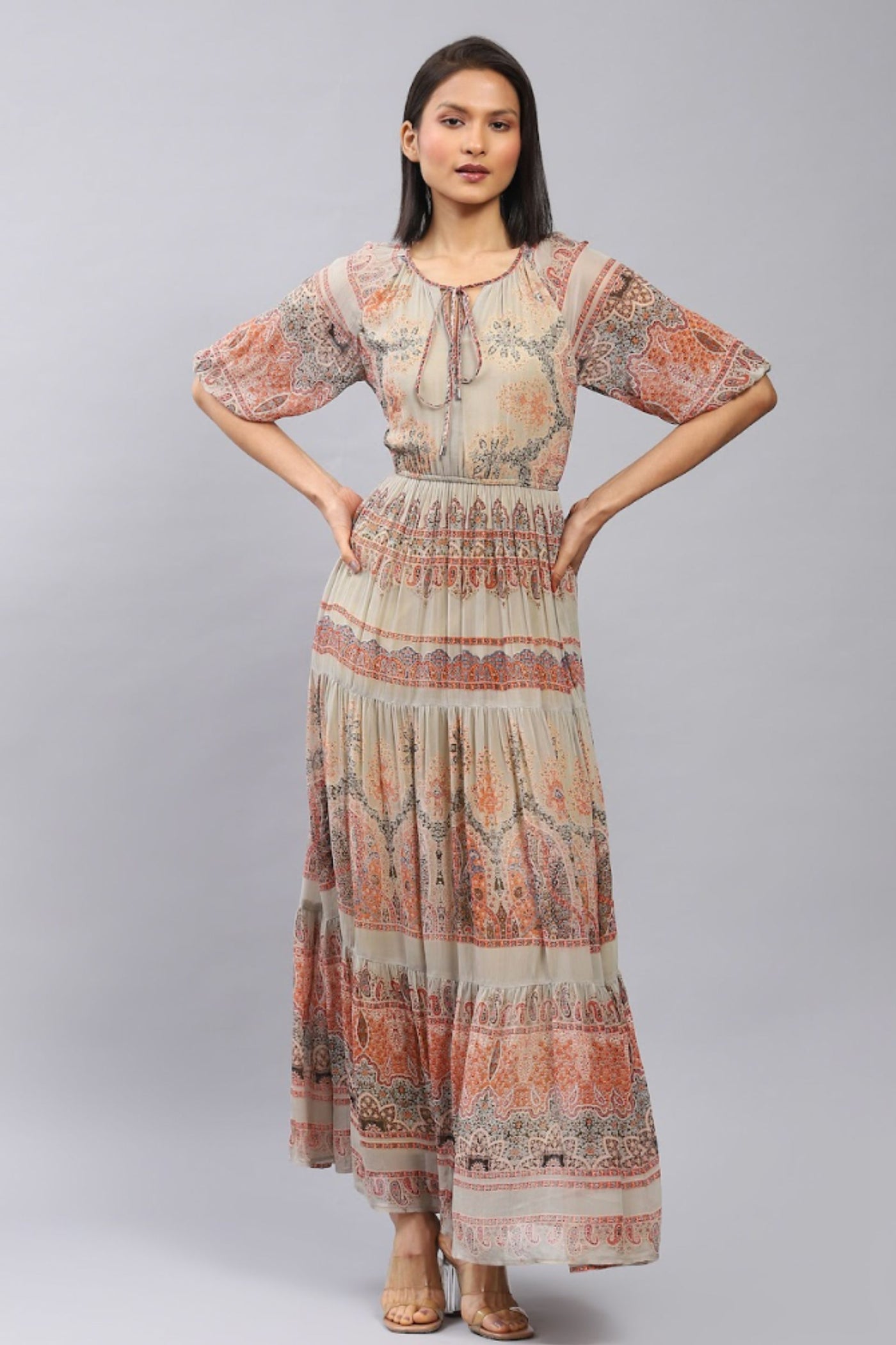 Label Ritu Kumar Olive Printed Maxi Dress Indian designer wear online shopping melange singapore