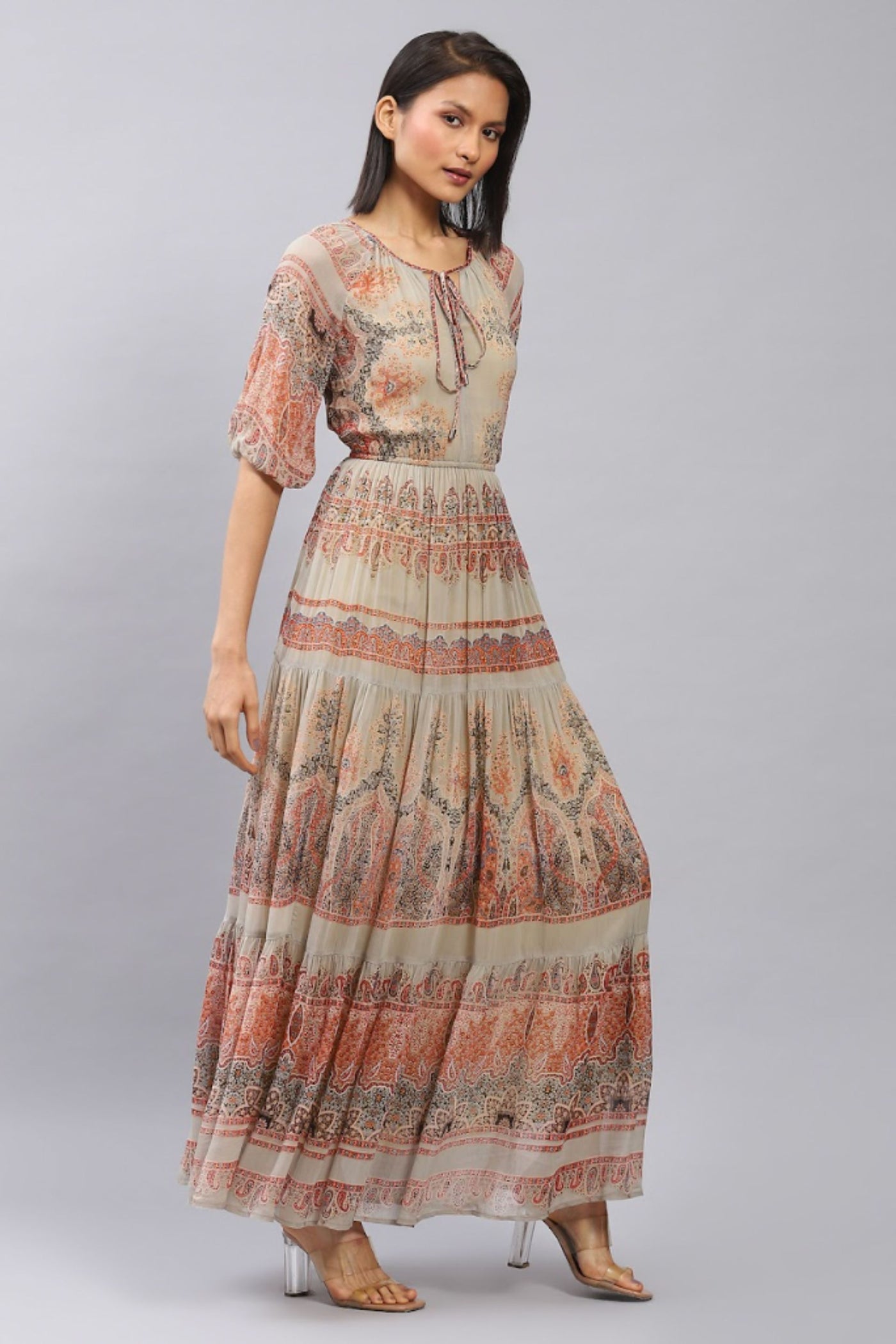 Label Ritu Kumar Olive Printed Maxi Dress Indian designer wear online shopping melange singapore