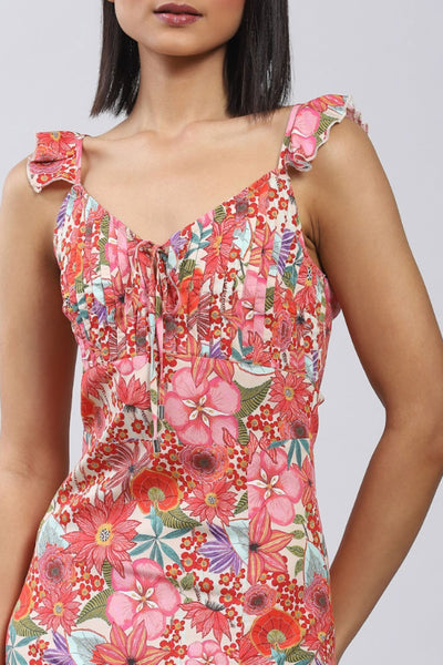 Label Ritu Kumar Pink Floral Print Midi Dress with Side Slits Indian designer wear online shopping melange singapore