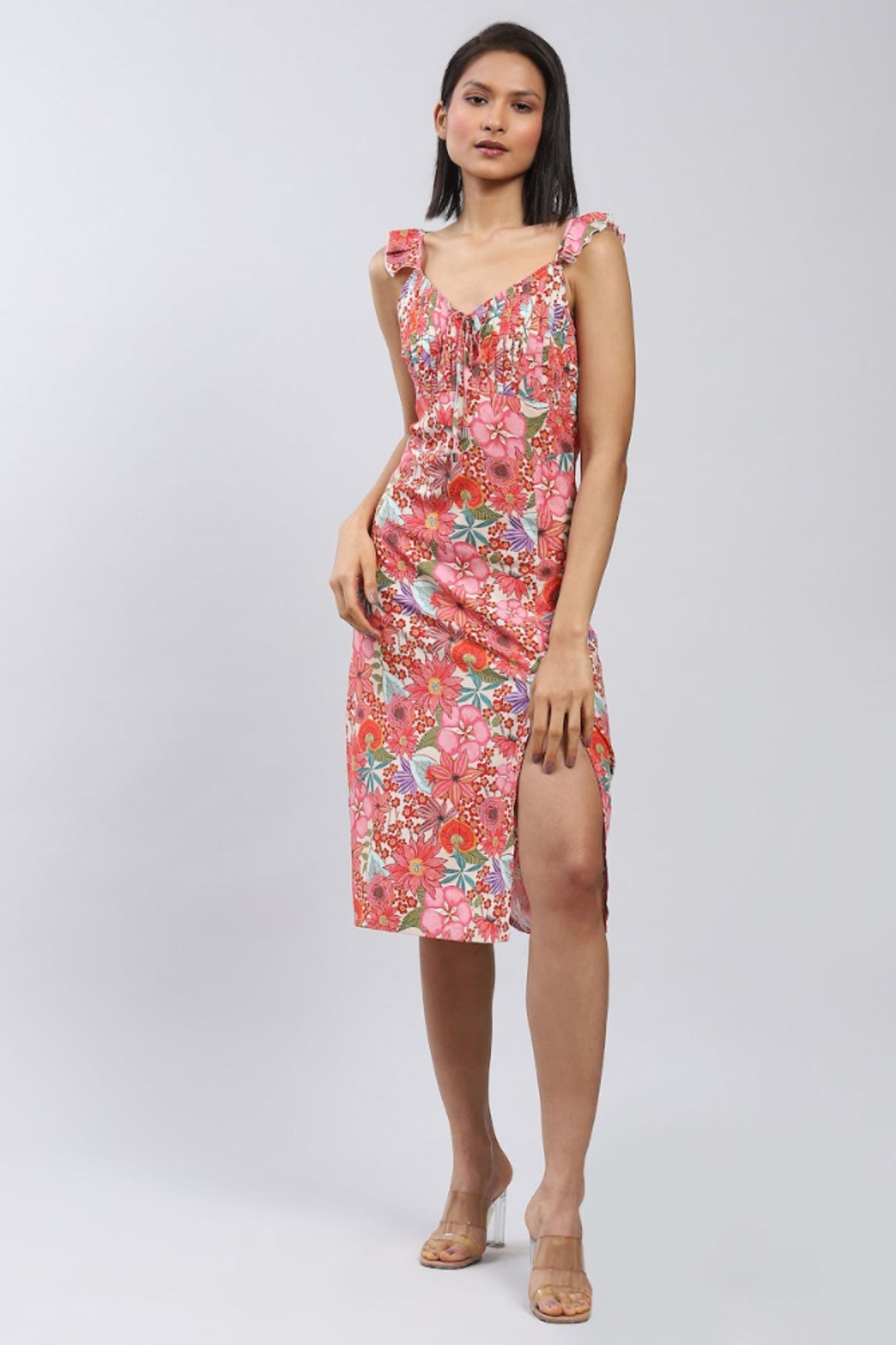 Label Ritu Kumar Pink Floral Print Midi Dress with Side Slits Indian designer wear online shopping melange singapore