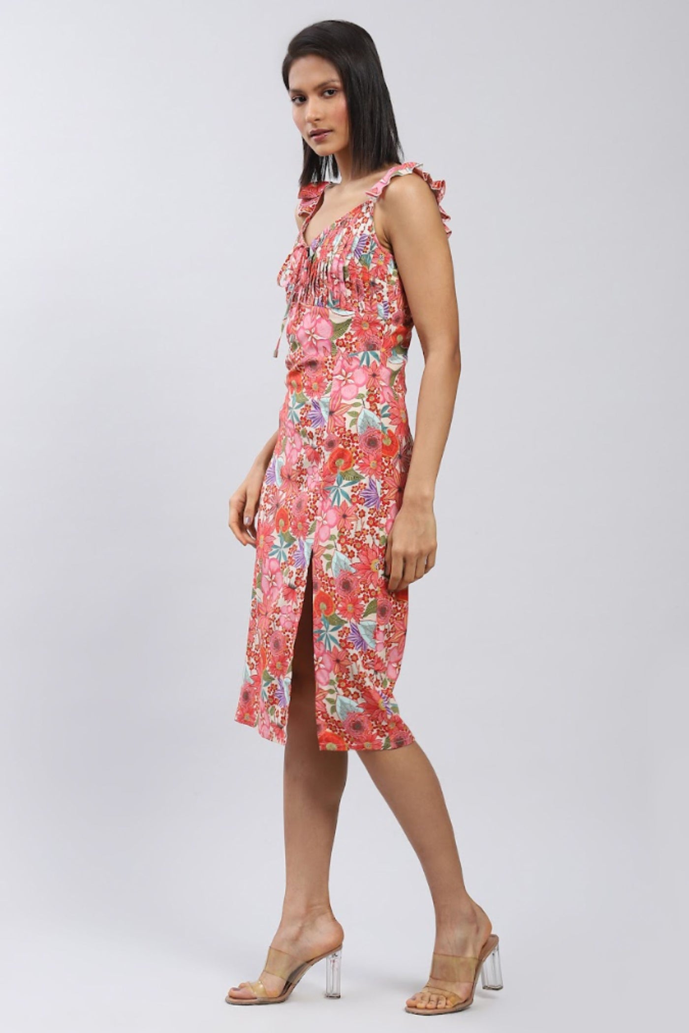 Label Ritu Kumar Pink Floral Print Midi Dress with Side Slits Indian designer wear online shopping melange singapore