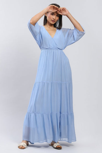 Label Ritu Kumar Powder Blue Maxi Dress with Tiers Indian designer wear online shopping melange singapore