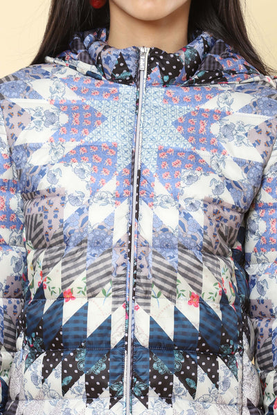 label ritu kumar Powder Blue Print Hooded Puffer Jacket western indian designer wear online shopping melange singapore