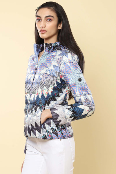 label ritu kumar Powder Blue Print Hooded Puffer Jacket western indian designer wear online shopping melange singapore