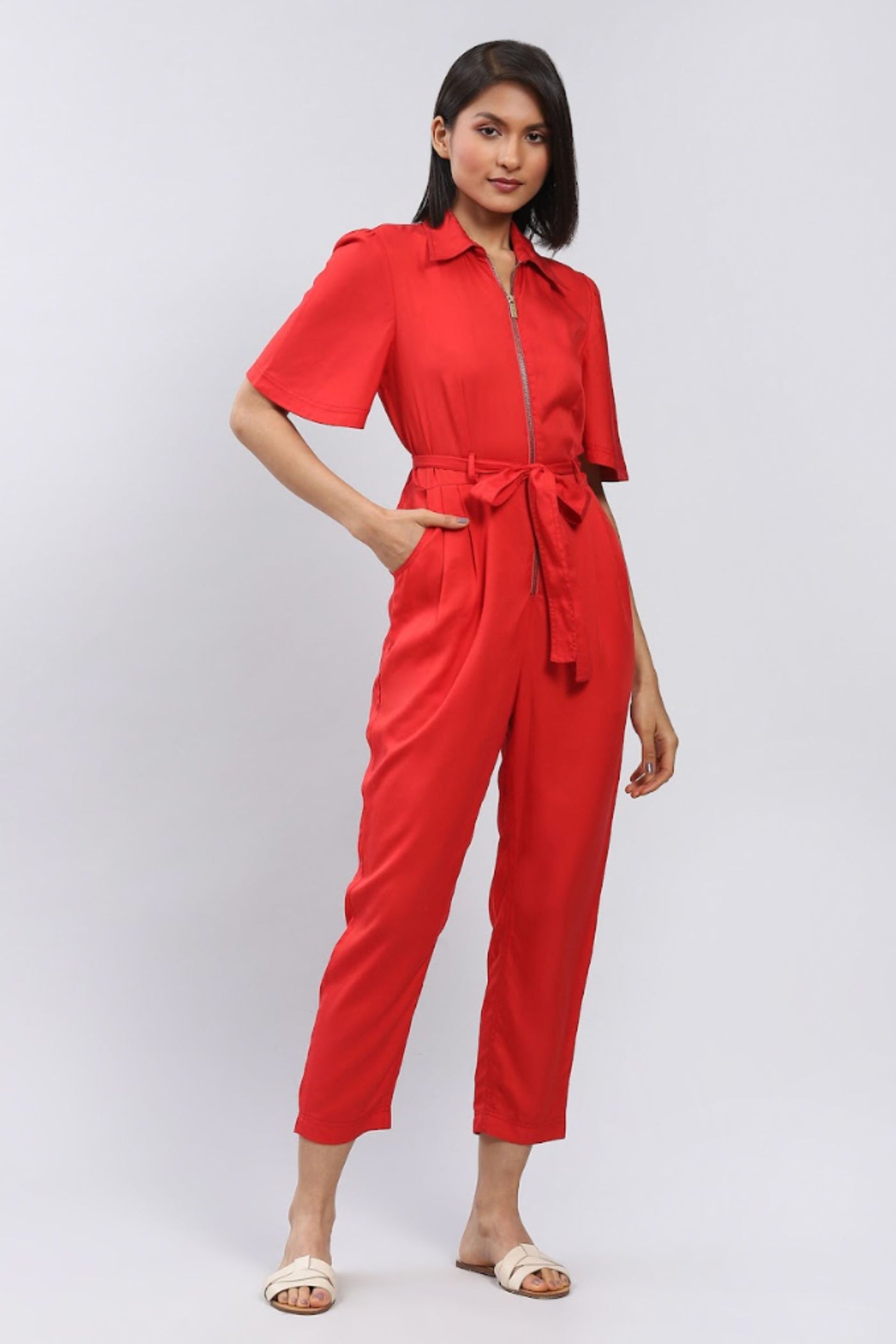 Label Ritu Kumar Red Front-Zip Jumpsuit Indian designer wear online shopping melange singapore