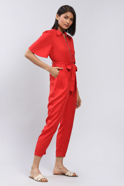 Label Ritu Kumar Red Front-Zip Jumpsuit Indian designer wear online shopping melange singapore