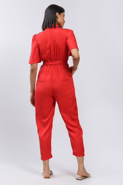 Red Front-Zip Jumpsuit