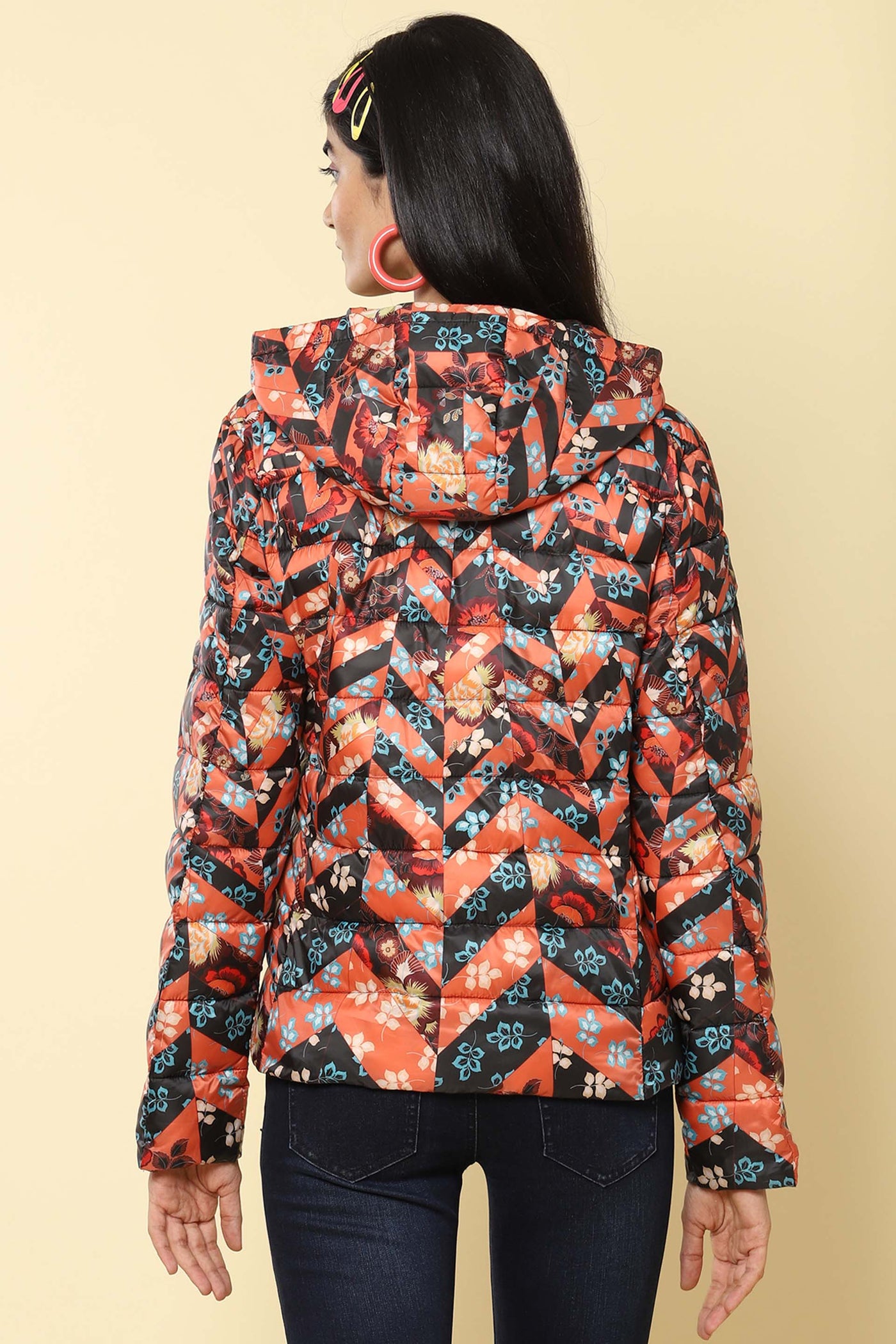 label ritu kumar Rust Floral Print Hooded Puffer Jacket western indian designer wear online shopping melange singapore