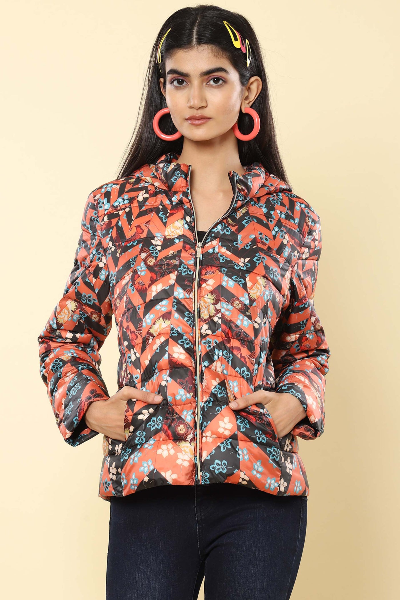label ritu kumar Rust Floral Print Hooded Puffer Jacket western indian designer wear online shopping melange singapore
