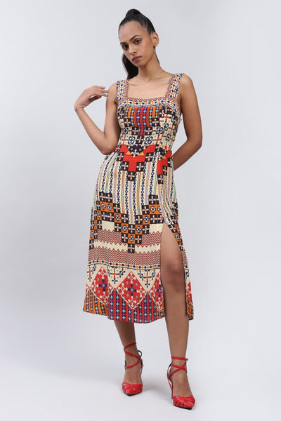 Label Ritu Kumar Square Neck Sleeveless Printed Long Dress Indian designer wear online shopping melange singapore