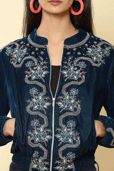 Label ritu kumar Teal Floral Embroidered Bomber Jacket western indian designer wear online shopping melange singapore