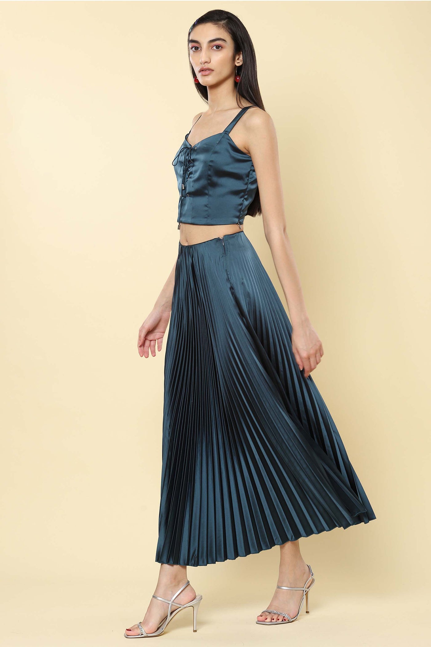 label ritu kumar Teal Pleated Flared Skirt western indian designer wear online shopping melange singapore