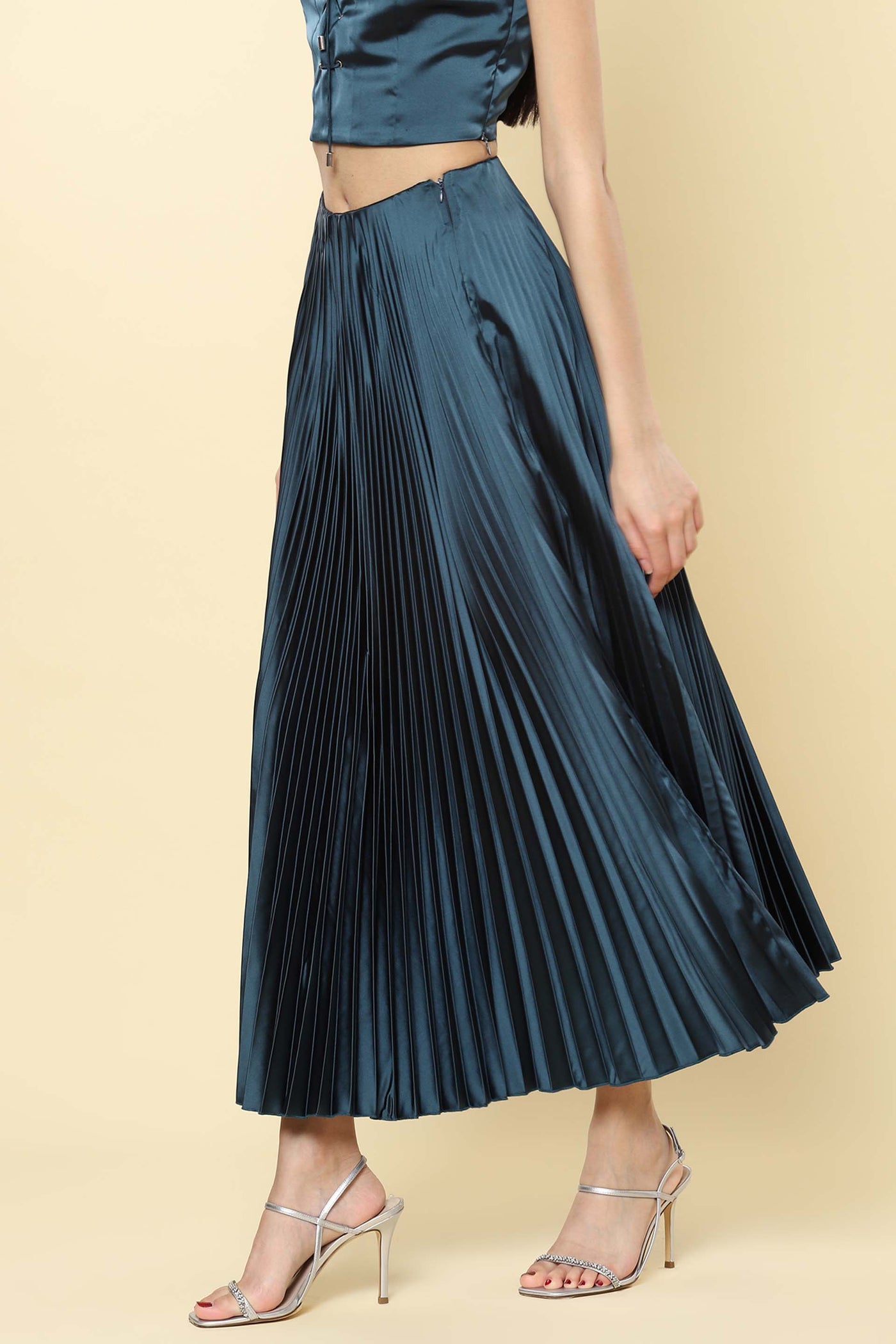 label ritu kumar Teal Pleated Flared Skirt western indian designer wear online shopping melange singapore