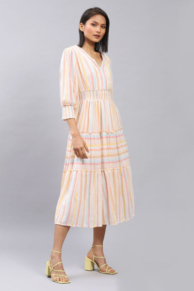 Label Ritu Kumar V Neck 3/4Th Sleeves Long Dress Indian designer wear online shopping melange singapore