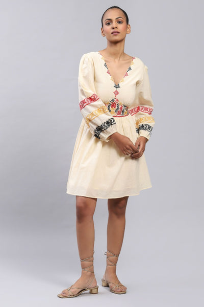 Label Ritu Kumar V Neck Full Sleeve Embroidered Short Dress Indian designer wear online shopping melange singapore
