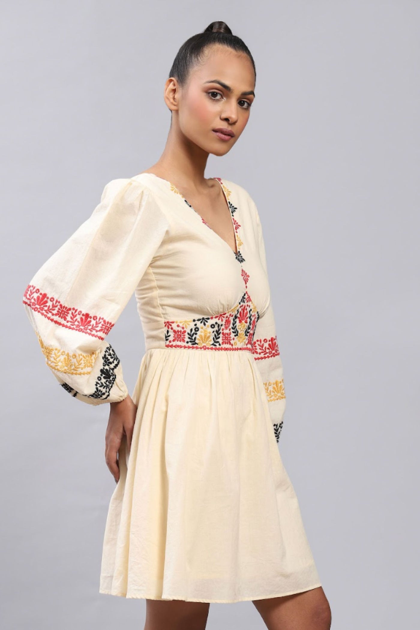 Label Ritu Kumar V Neck Full Sleeve Embroidered Short Dress Indian designer wear online shopping melange singapore