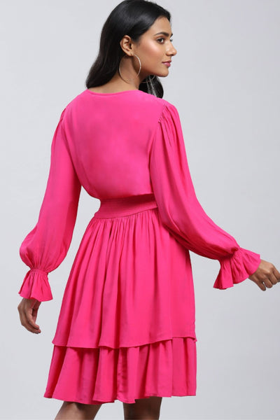 Label Ritu Kumar V Neck Full Sleeves Solid Short Dress designer wear online shopping melange singapore