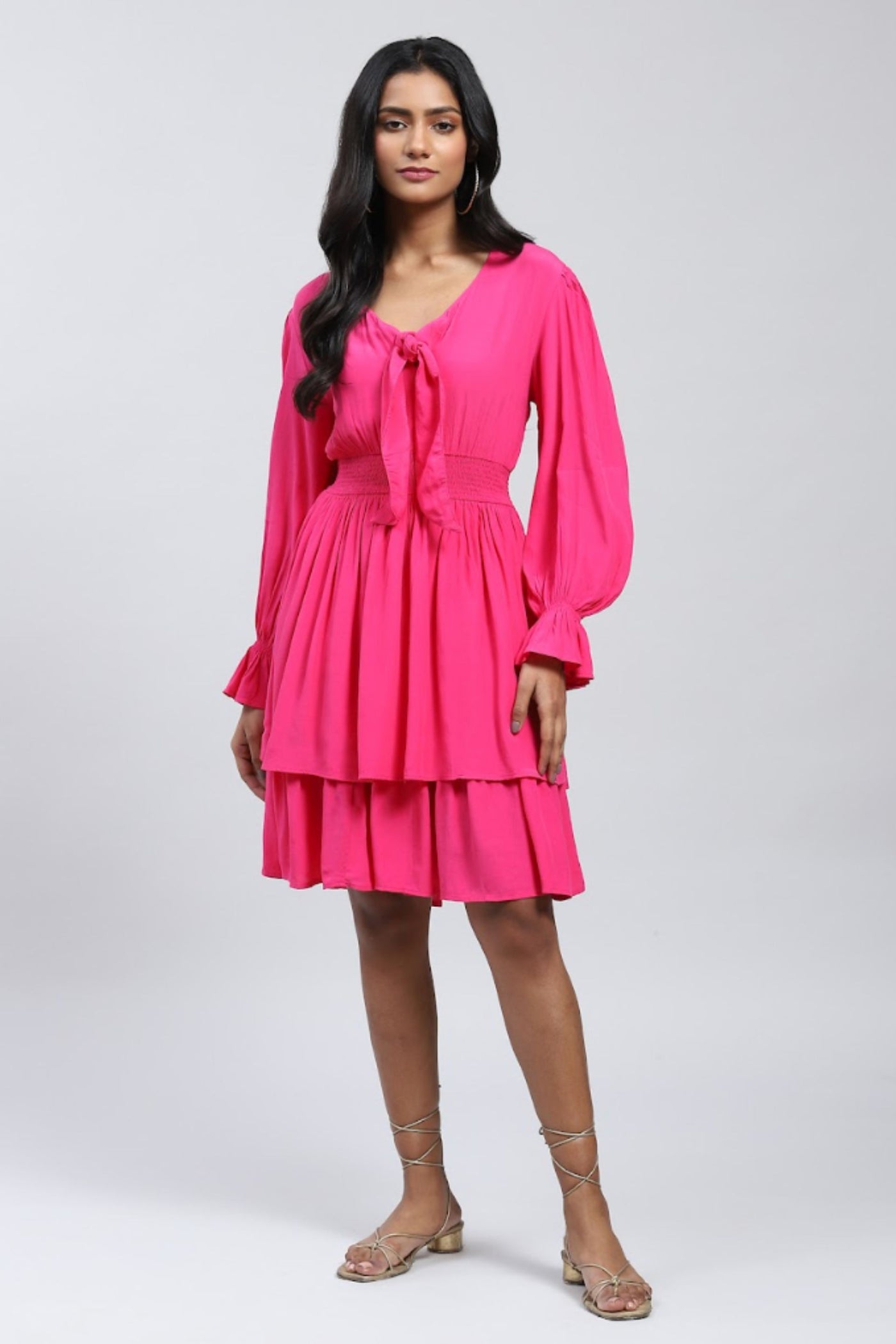 Label Ritu Kumar V Neck Full Sleeves Solid Short Dress designer wear online shopping melange singapore