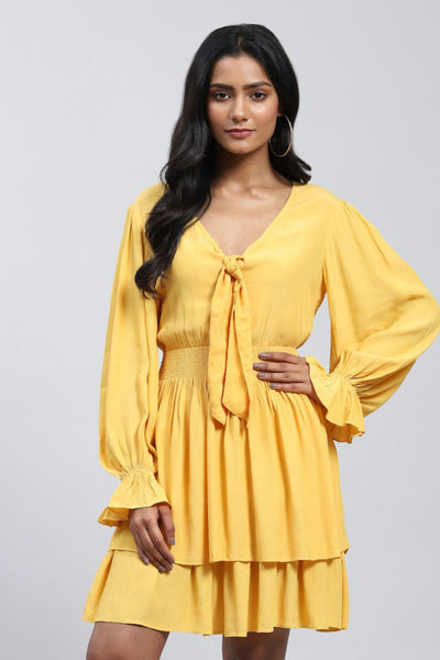 Label Ritu Kumar V Neck Full Sleeves Solid Short Dress Indian designer wear online shopping melange singapore