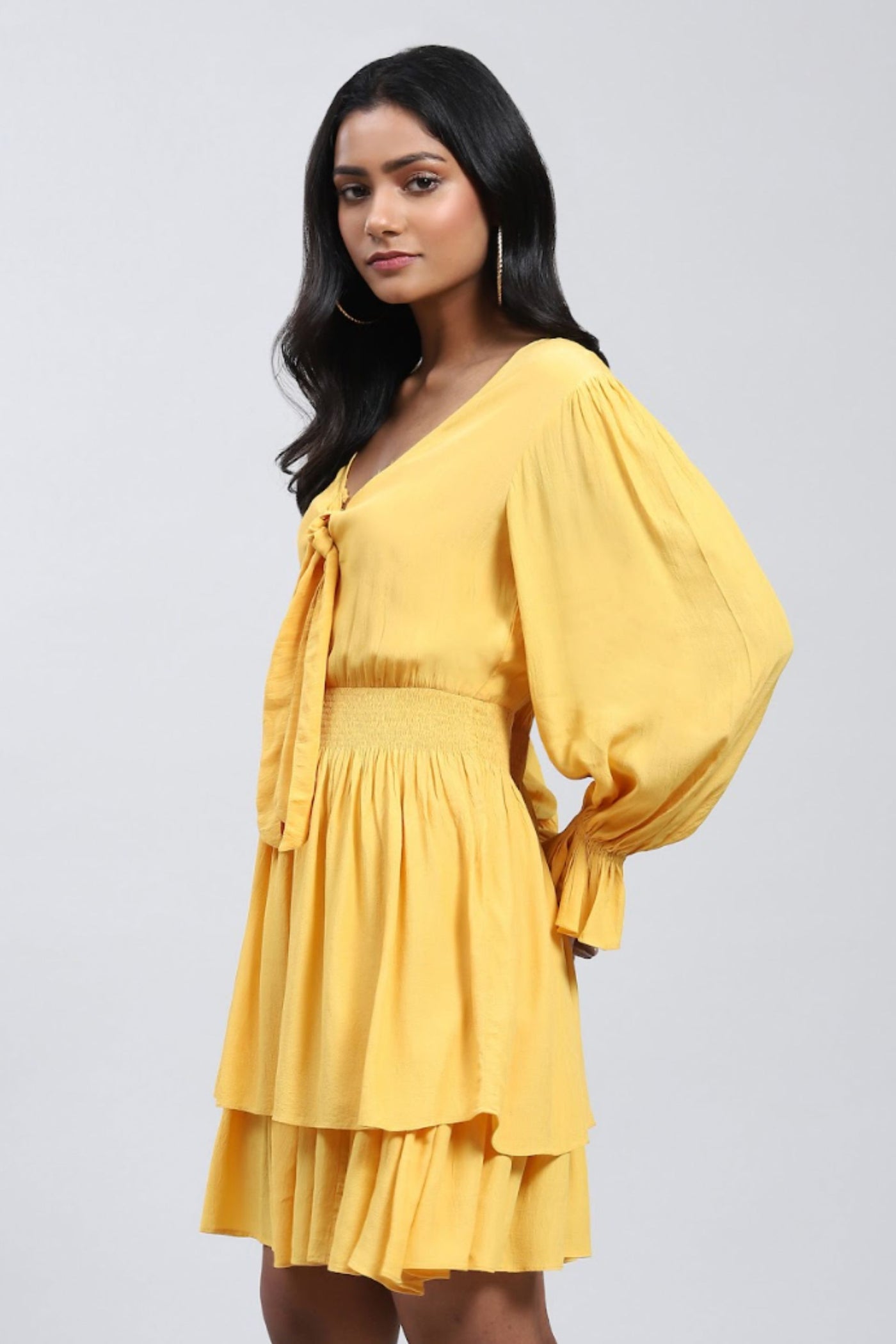 Label Ritu Kumar V Neck Full Sleeves Solid Short Dress Indian designer wear online shopping melange singapore
