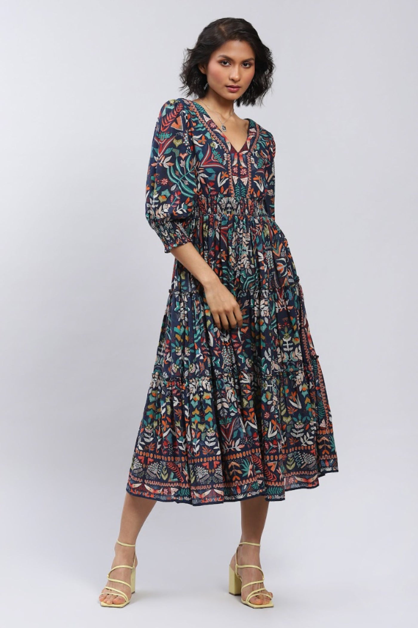 Label Ritu Kumar V Neck Half Sleeves Long Dress designer wear online shopping melange singapore