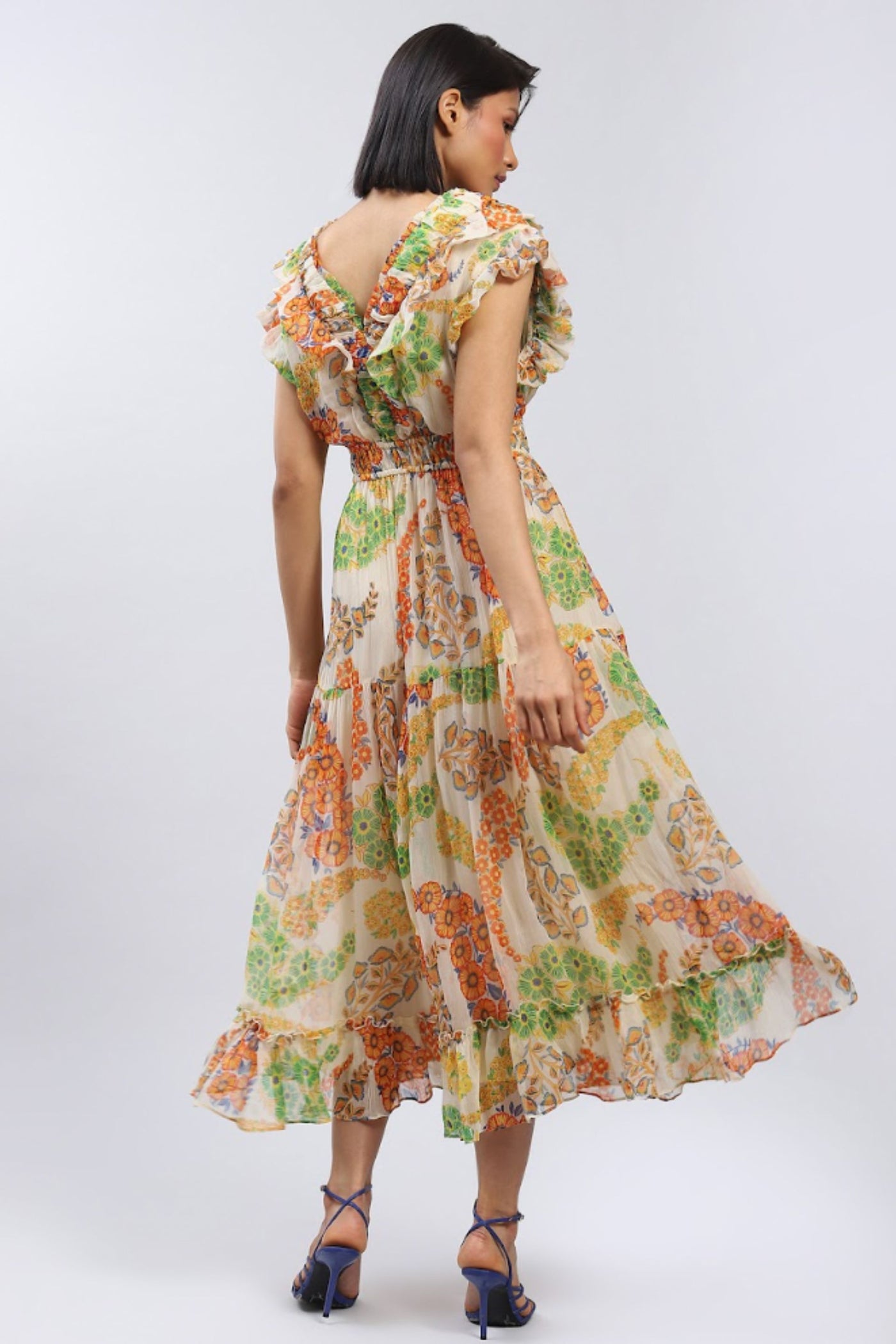 Label Ritu Kumar V Neck Short Sleeves Printed Long Dress Indian designer wear online shopping melange singapore