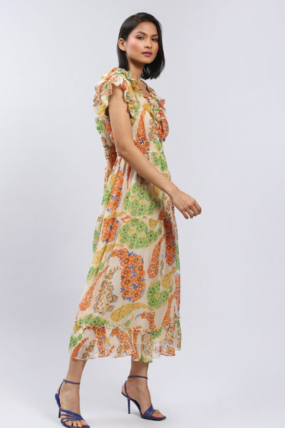Label Ritu Kumar V Neck Short Sleeves Printed Long Dress Indian designer wear online shopping melange singapore