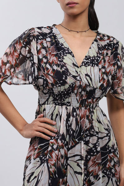 Label Ritu Kumar V Neck Short Sleeves Printed Long Dress Black Indian designer wear online shopping melange singapore