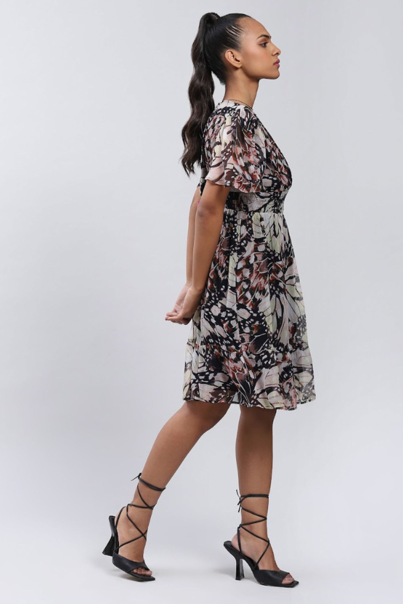 Label Ritu Kumar V Neck Short Sleeves Printed Long Dress Black Indian designer wear online shopping melange singapore