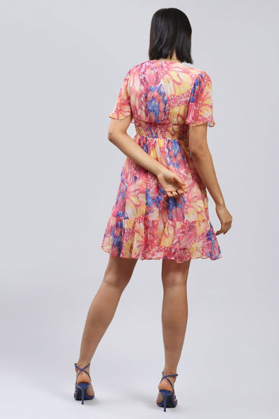 Label Ritu Kumar V Neck Short Sleeves Printed Long Dress Pink Indian designer wear online shopping melange singapore