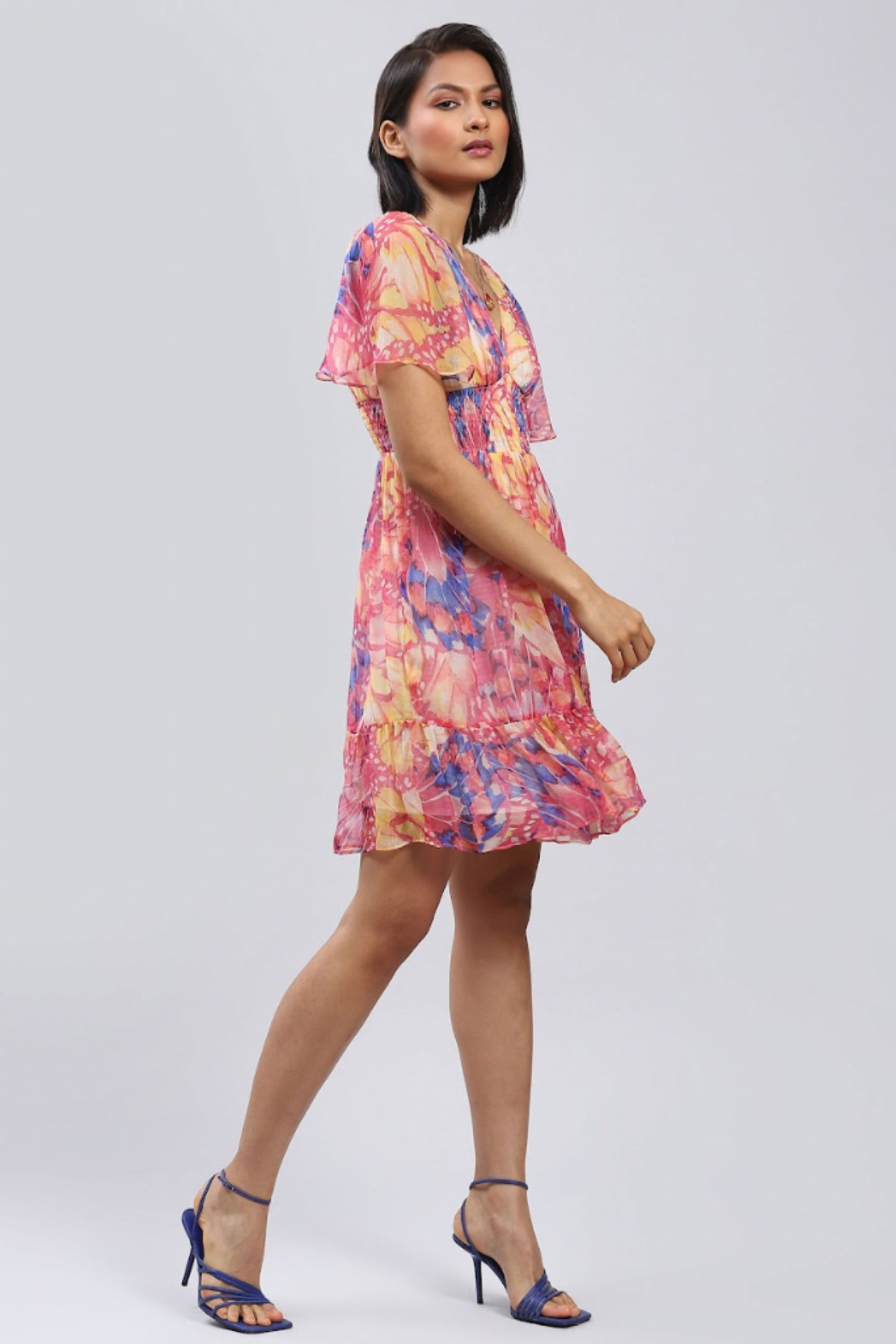 Label Ritu Kumar V Neck Short Sleeves Printed Long Dress Pink Indian designer wear online shopping melange singapore