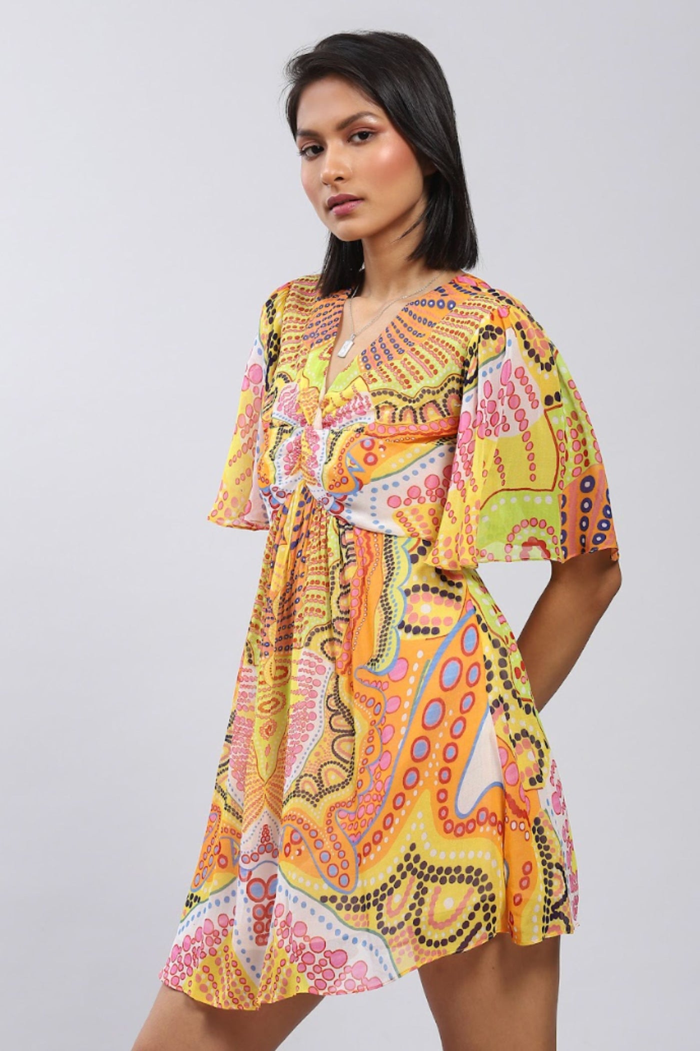 Label Ritu Kumar V Neck Short Sleeves Printed Short Dress Indian designer wear online shopping melange singapore