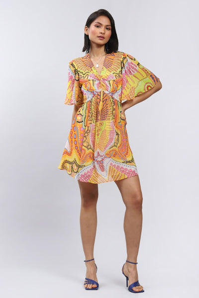 Label Ritu Kumar V Neck Short Sleeves Printed Short Dress Indian designer wear online shopping melange singapore