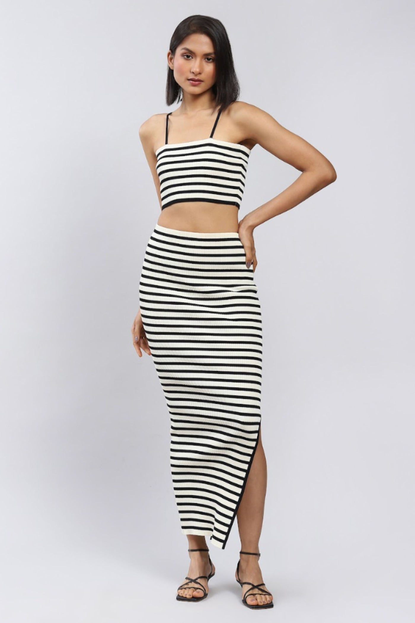 Label Ritu Kumar White Striped Top With Skirt Co-ord Set Indian designer wear online shopping melange singapore