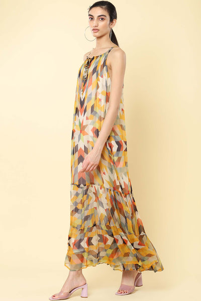 label ritu kumar Yellow Checked Maxi Dress western indian designer wear online shopping melange singapore