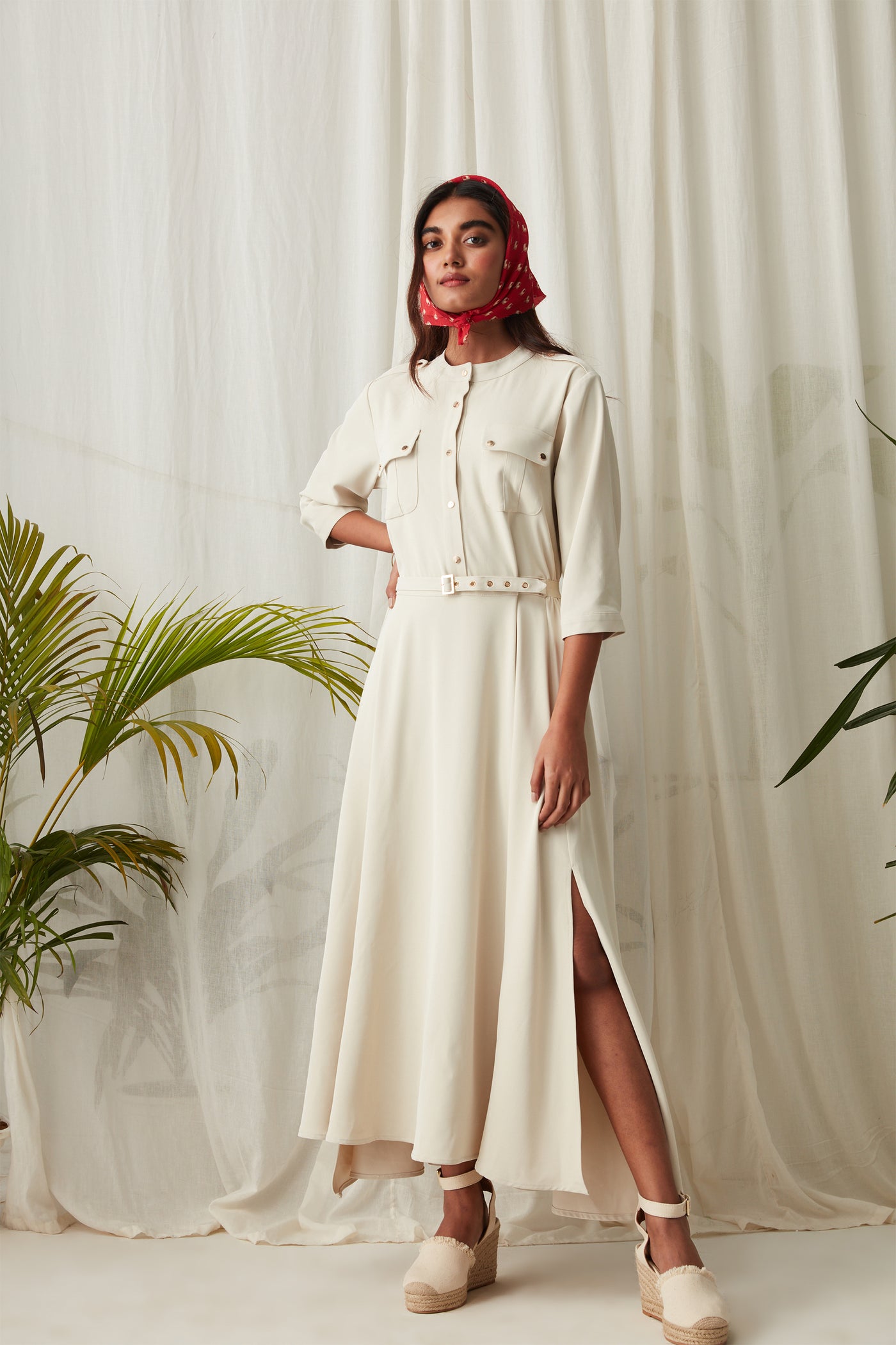 Label Ritu Kumar - Ivory Mandarin Collar long Dress - Melange Singapore - Indian Designer Wear Online Shopping