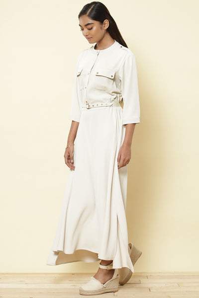 Label Ritu Kumar - Ivory Mandarin Collar long Dress - Melange Singapore - Indian Designer Wear Online Shopping