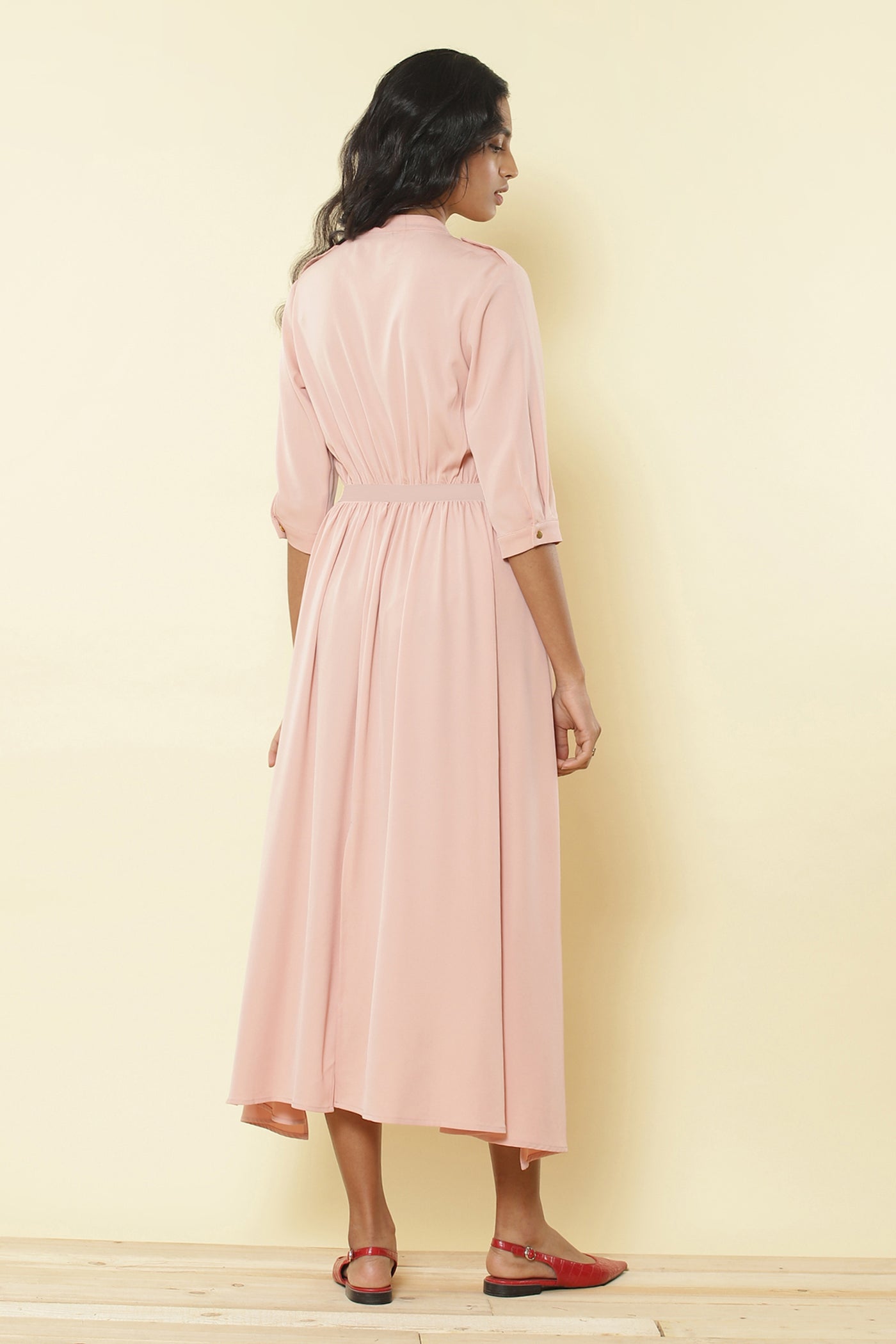 Ritu Kumar - Pink Mandarin Collar Long Dress - Melange Singapore - Indian Designer Wear Online Shopping