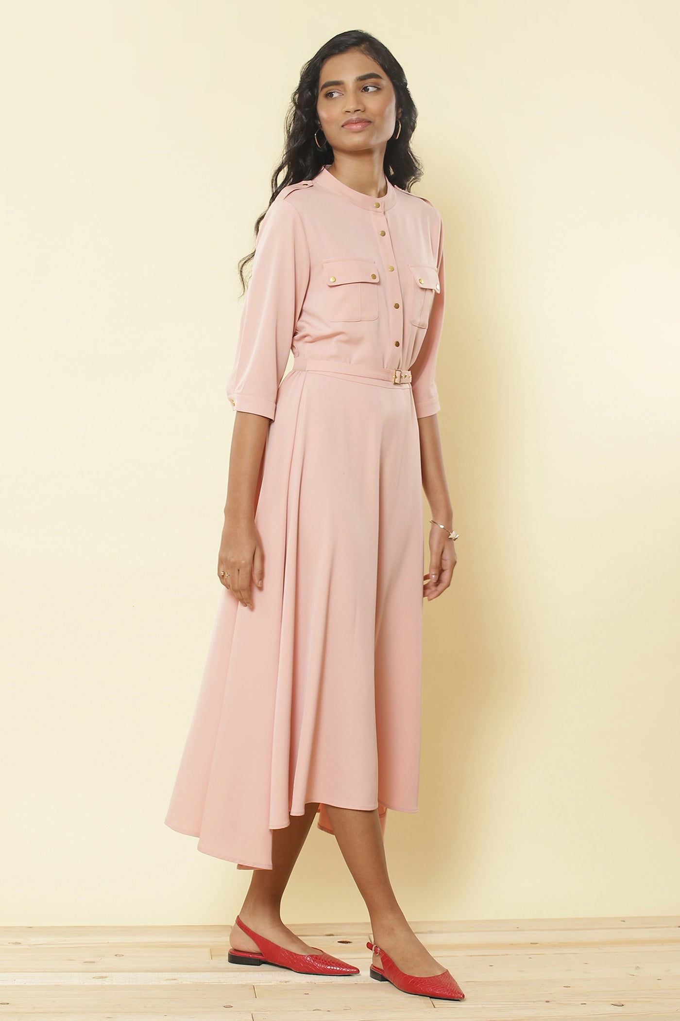 Ritu Kumar - Pink Mandarin Collar Long Dress - Melange Singapore - Indian Designer Wear Online Shopping