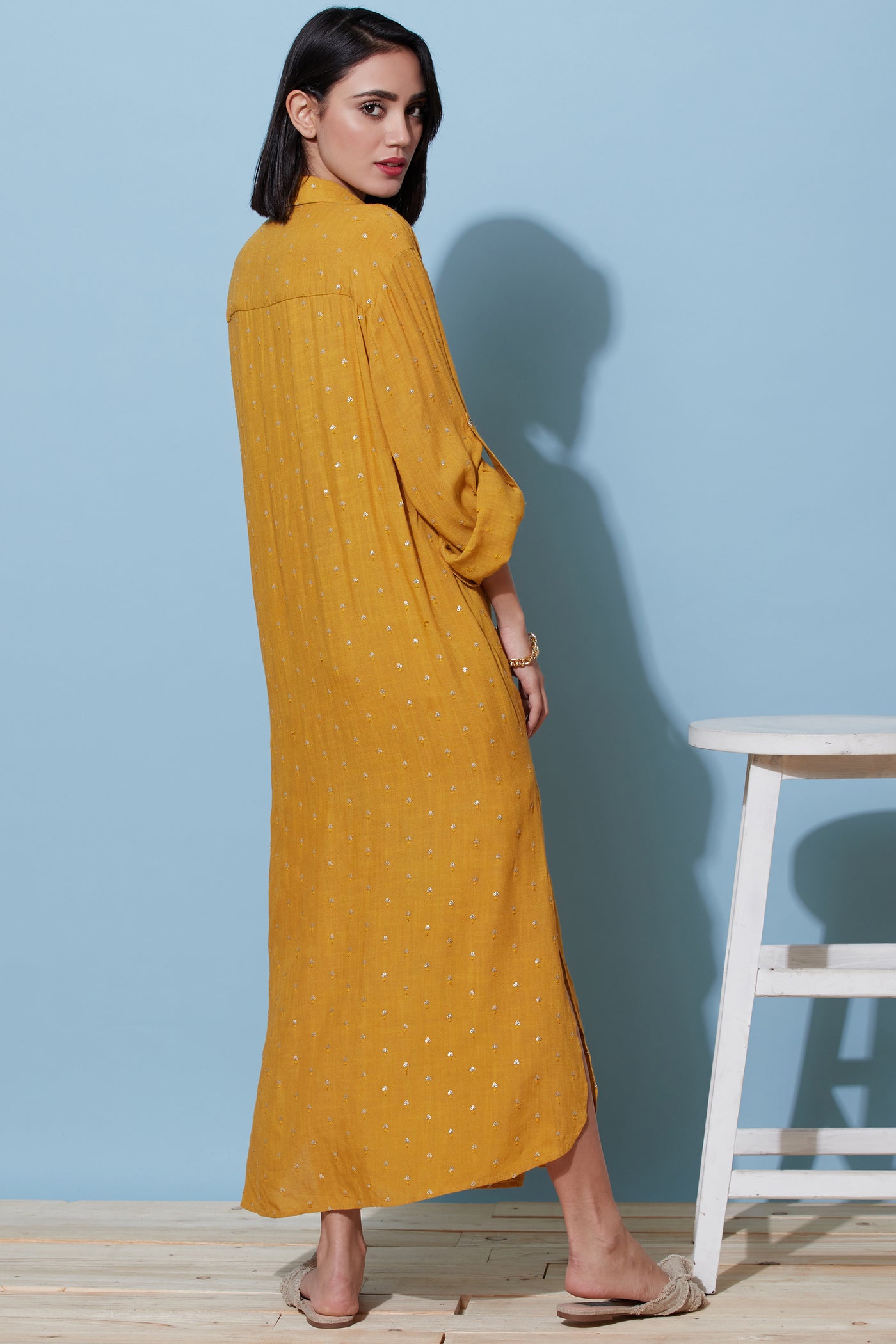 Label Ritu kumar Shirt Collar Full Sleeves Long Dress mustard yellow online shopping melange singapore indian designer wear