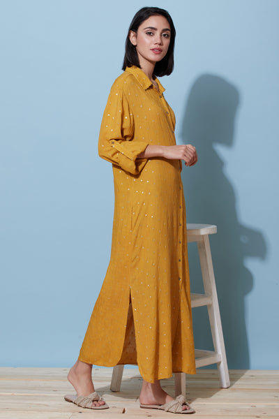 Label Ritu kumar Shirt Collar Full Sleeves Long Dress mustard yellow online shopping melange singapore indian designer wear