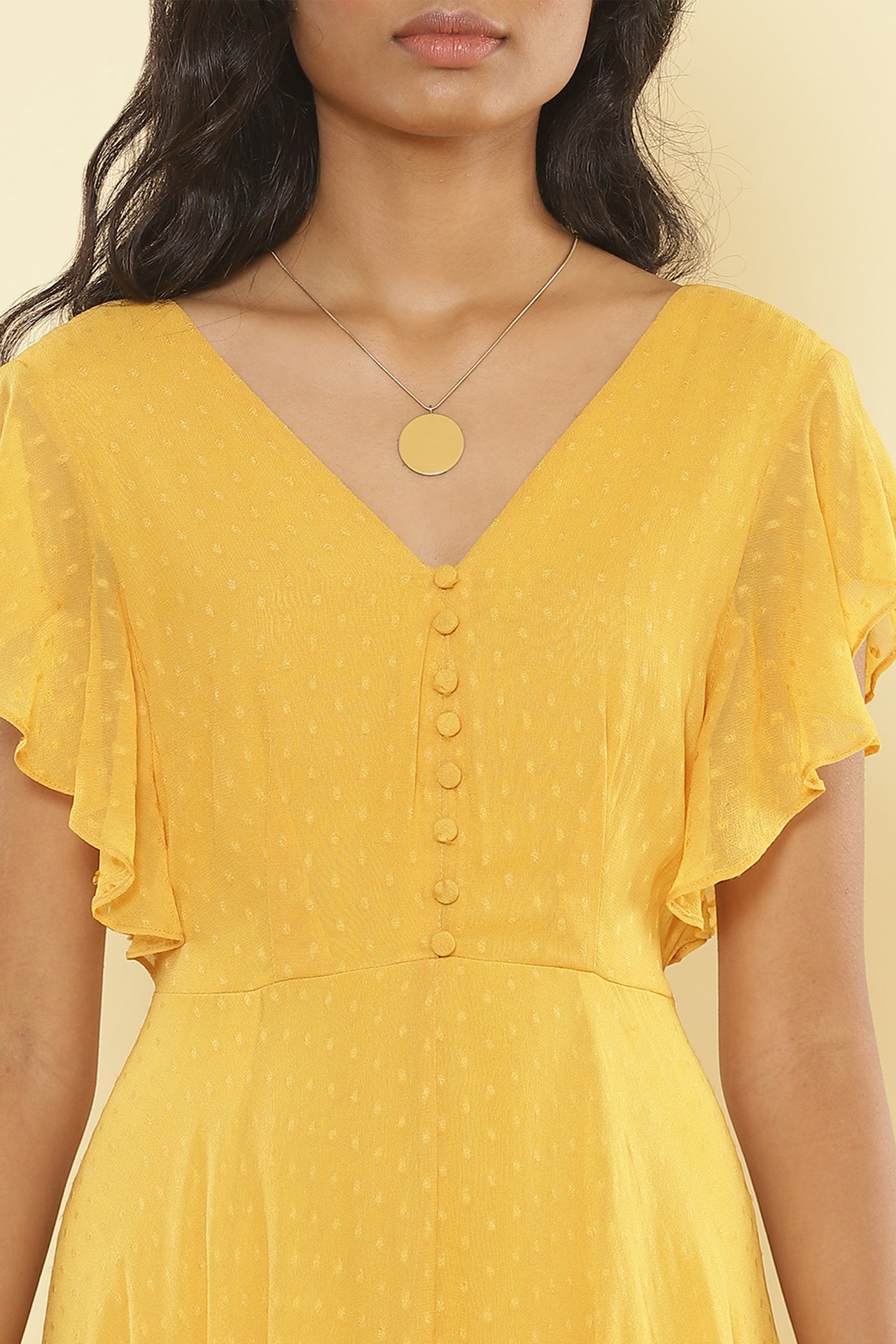 label ritu kumar V neck ruffled sleeves solid long dress yellow online shopping melange singapore indian deisgner wear