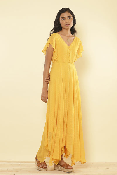 label ritu kumar V neck ruffled sleeves solid long dress yellow online shopping melange singapore indian deisgner wear