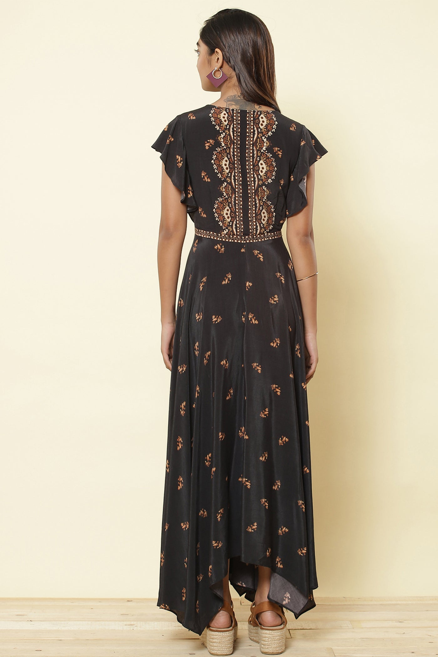 Ritu Kumar - Black Ruffled Sleeve Long Dress - Exclusive Indian Designer Wear Latest Collections Available at Melange Singapore.