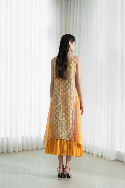 Mandira Wirk Calf Length Panelled Dress green yellow festive indian designer wear online shopping melange singapore