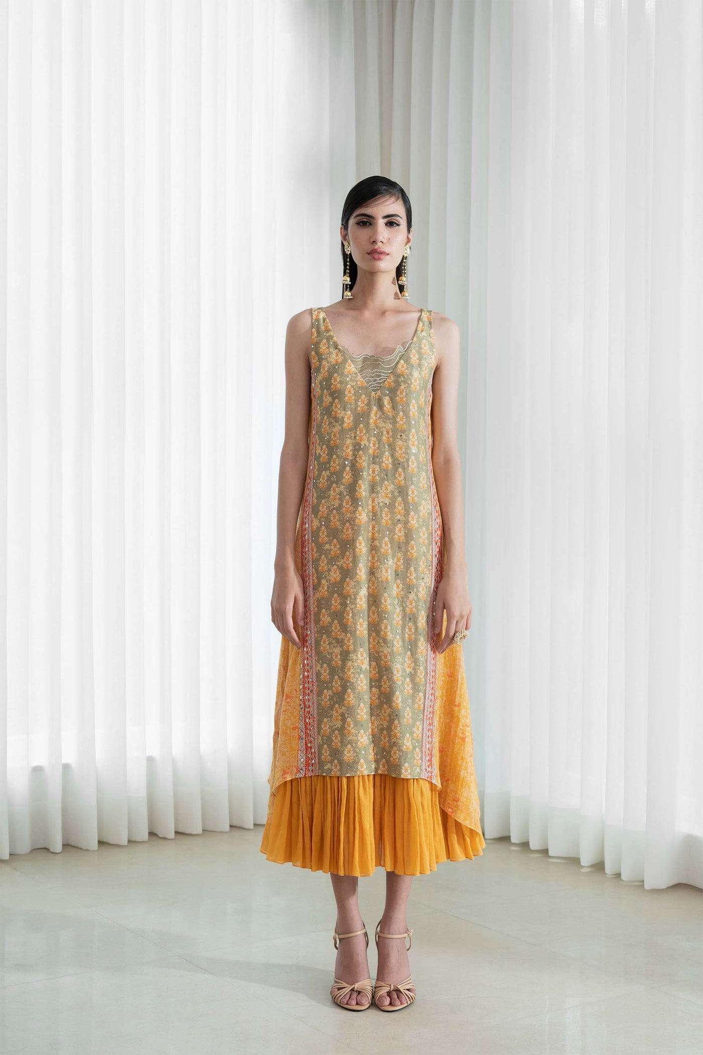 Mandira Wirk Calf Length Panelled Dress green yellow festive indian designer wear online shopping melange singapore