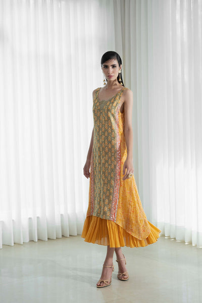 Mandira Wirk Calf Length Panelled Dress green yellow festive indian designer wear online shopping melange singapore