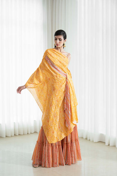 Mandira Off Shoulder Tunic With Tiered Sharara mustard yellow festive indian designer wear online shopping melange singapore